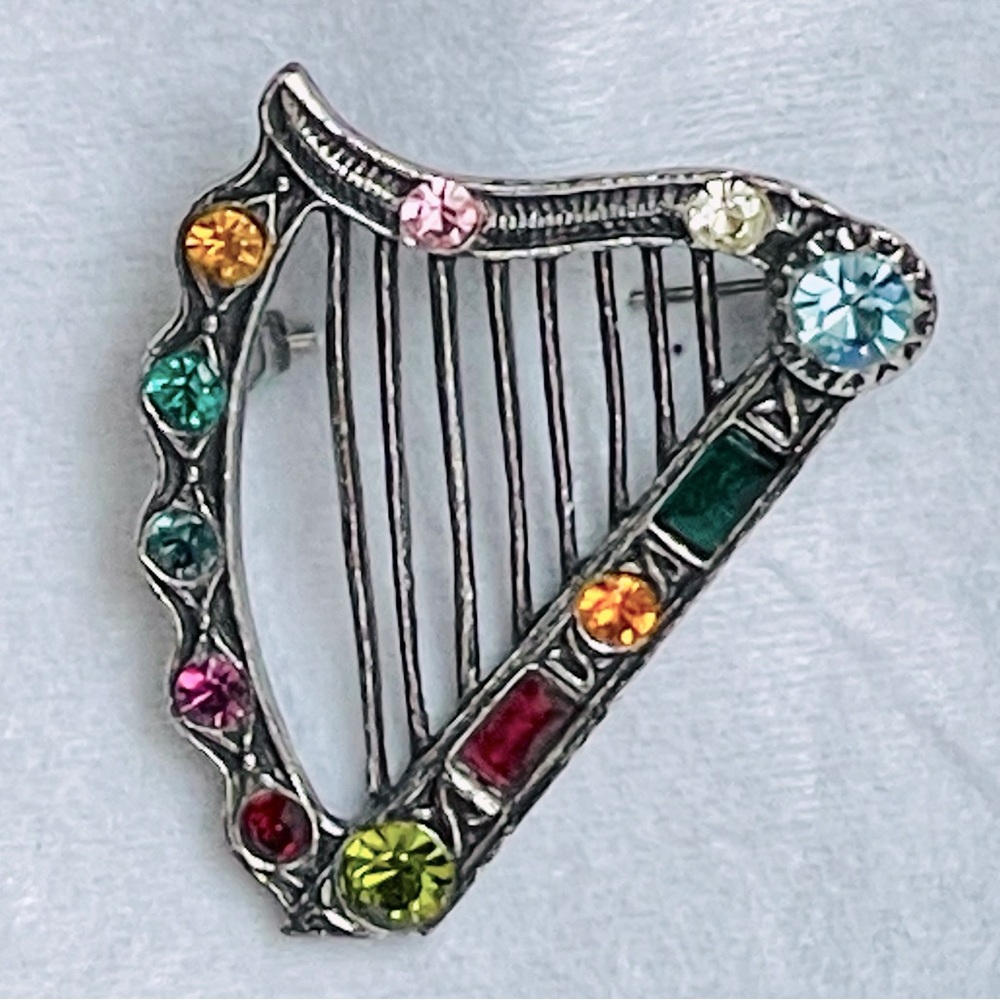 Vintage Signed SOL D’Or Brooch Celtic Gaelic Harp Silver Tone Rhinestone